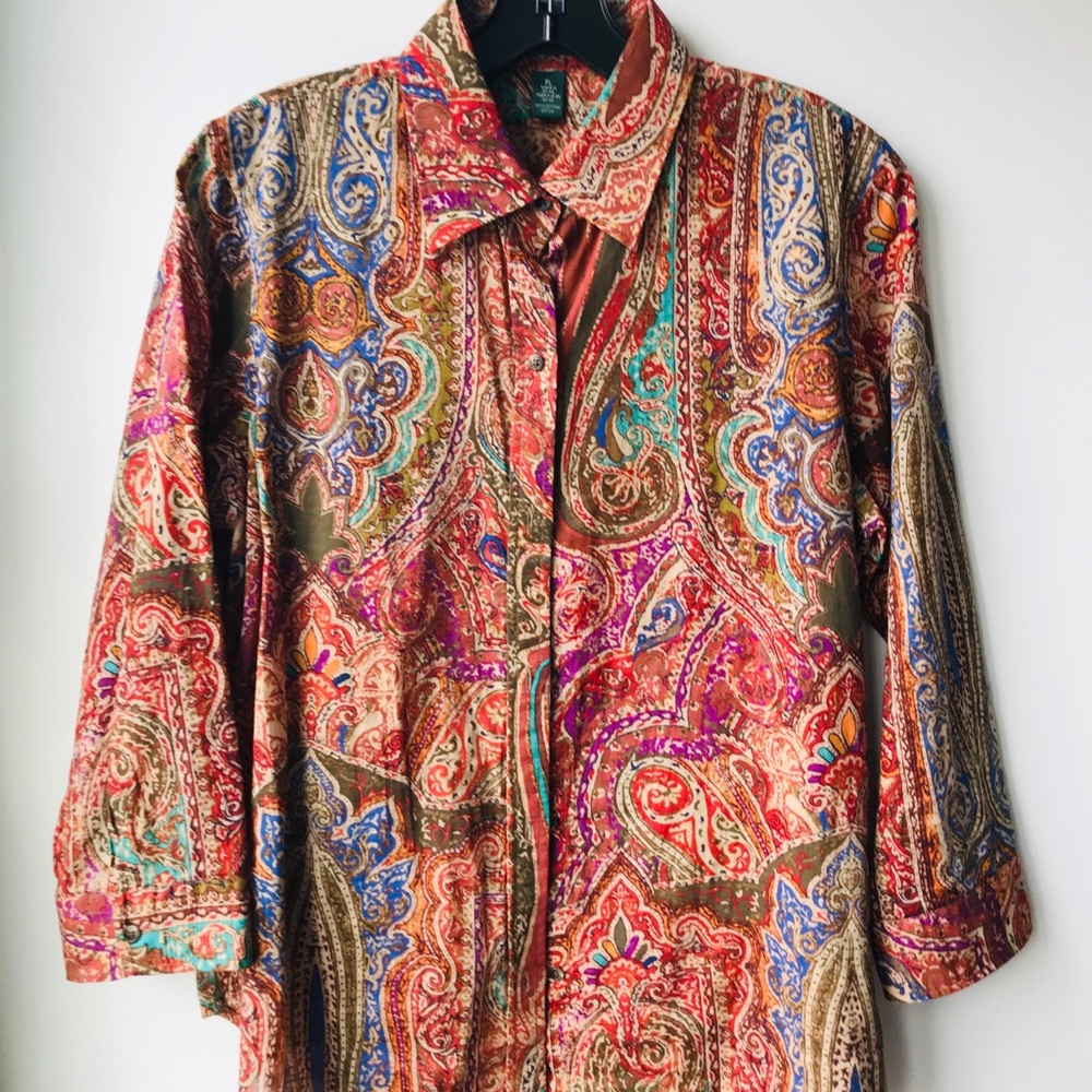 Ralph Lauren 3/4 Sleeve Linen Paisley Button Front